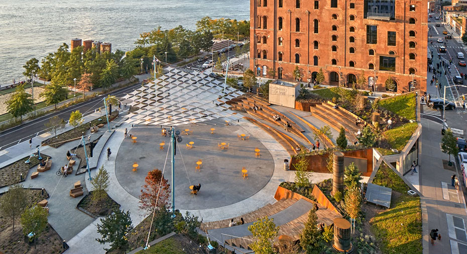 Brooklyn’s Domino Square Park with Signature Cable-Net Shade Structure